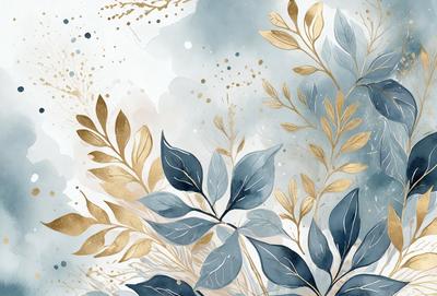 The primary subject of the image is a leafy plant with gold accents. The setting is a blue and white background, which adds a sense of depth and contrast to the scene. The visual style is a combination of digital art and illustration, creating a unique and artistic representation of the plant. The colors and mood of the image are predominantly blue and gold, giving it a serene and elegant appearance.